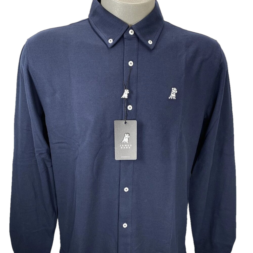 NEW JAMES BARK Mens Button Down Shirt Navy Blue Size L Pique Embroidered Logo